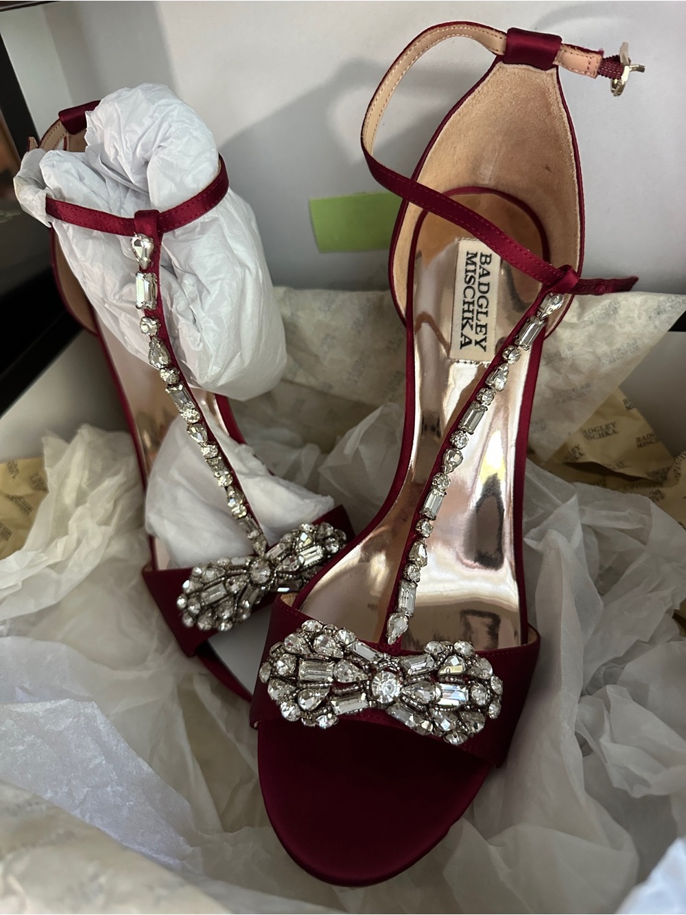 Badgley Mischka Pascale Cabernet Satin T-Strap Crystal Evening Sandal - Picture 4 of 6